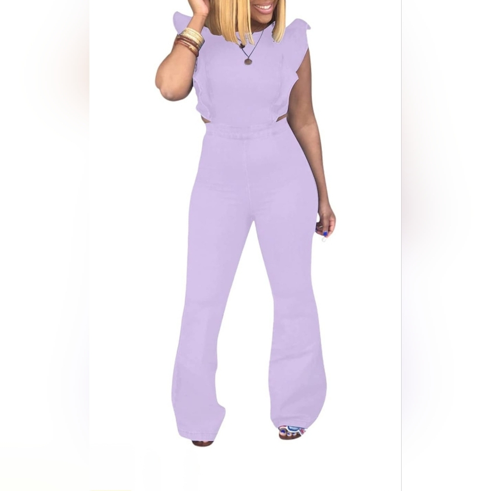 Women's Flutter Ruffle Trim Cutout Waist Jumpsuit Lavender